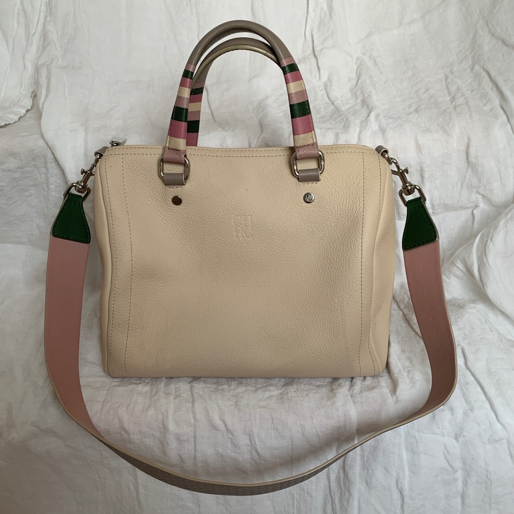 Carolina Herrera Cream Leather Purse with Pink Gray & Green Stripe Handle Detail